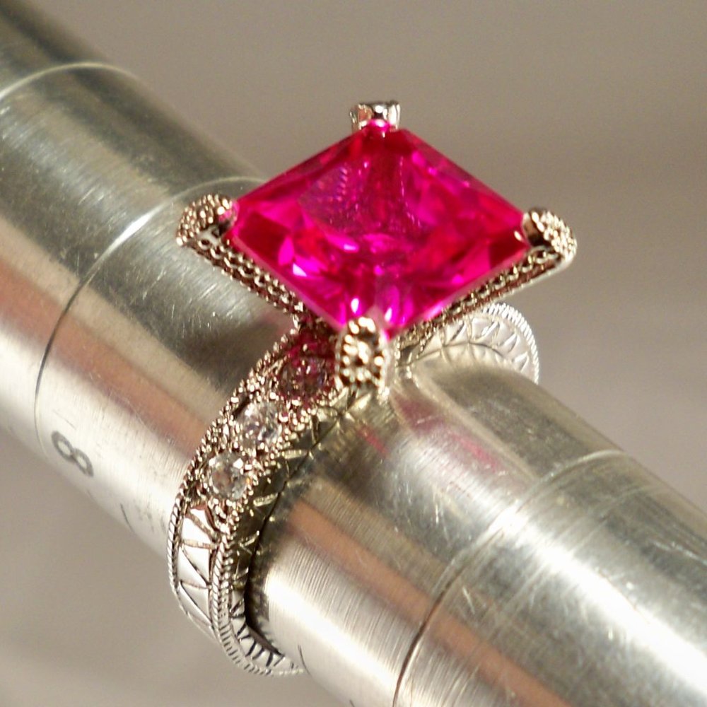 NEW Rare Vintage Charles Winston Pink Princess Cut Cubic Zirconias Silver Ring